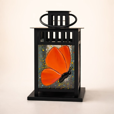Handcrafted Black Lantern with Orange Butterfly Fused Glass Panel