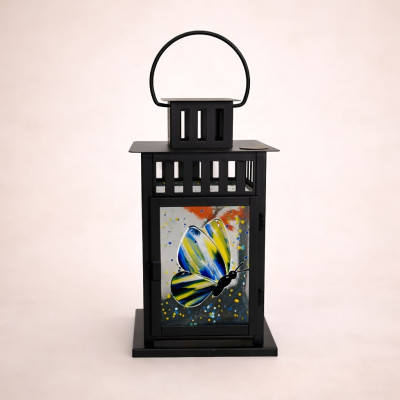 Handcrafted Butterfly Glass Panel Black Metal Lantern