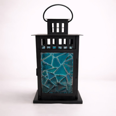Handcrafted Teal Mosaic Fused Glass Decorative Lantern