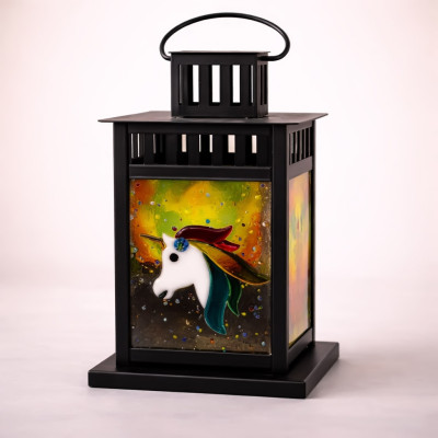 Handcrafted Unicorn Fused Glass Panel Black Metal Lantern
