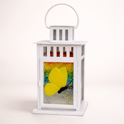 Handcrafted White Butterfly Fused Glass Decorative Lantern