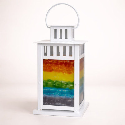 Handcrafted White Lantern with Rainbow Fused Glass Panel