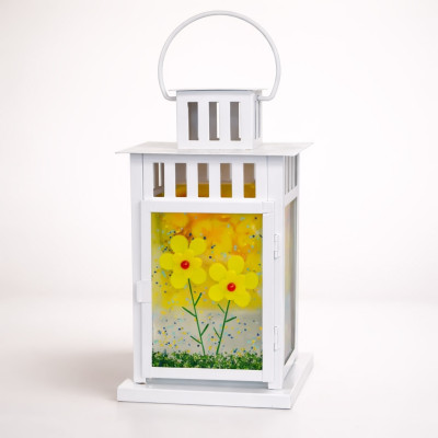 Handcrafted White Lantern with Yellow Fused Glass Flowers