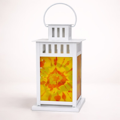 Handcrafted White Lantern with Yellow & Orange Abstract Fused Glass