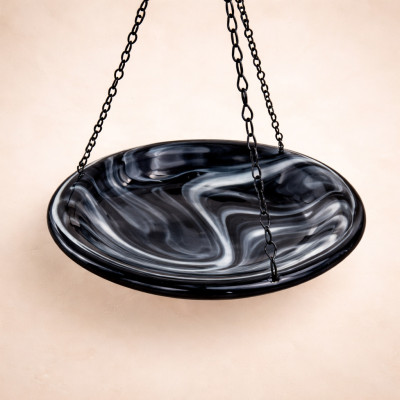 Black & Gray Swirl Glass Butterfly Puddler – Handcrafted Fused Glass Garden Feeder