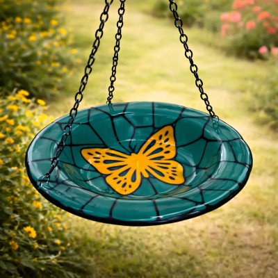 Golden Wing Butterfly Feeder – Handcrafted Fused Glass Garden Art Golden Wing Butterfly Feeder – Handcrafted Fused Glass Garden Art