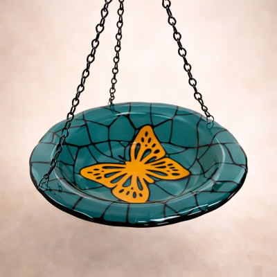 Golden Wing Butterfly Feeder – Handcrafted Fused Glass Garden Art