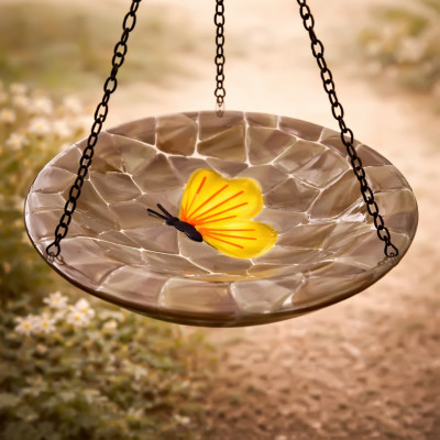 "Golden Wing Tribute” Butterfly Feeder – Handcrafted Fused Glass "Golden Wing Tribute” Butterfly Feeder – Handcrafted Fused Glass