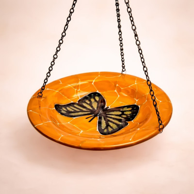 Handcrafted Orange Butterfly Crackle Glass Hanging Feeder