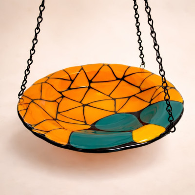 Handcrafted Amber Teal Mosaic Glass Hanging Feeder