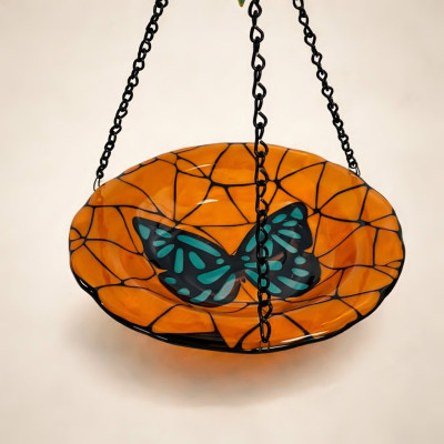 Handcrafted Sunset Orange Butterfly Crackle Glass Hanging Feeder