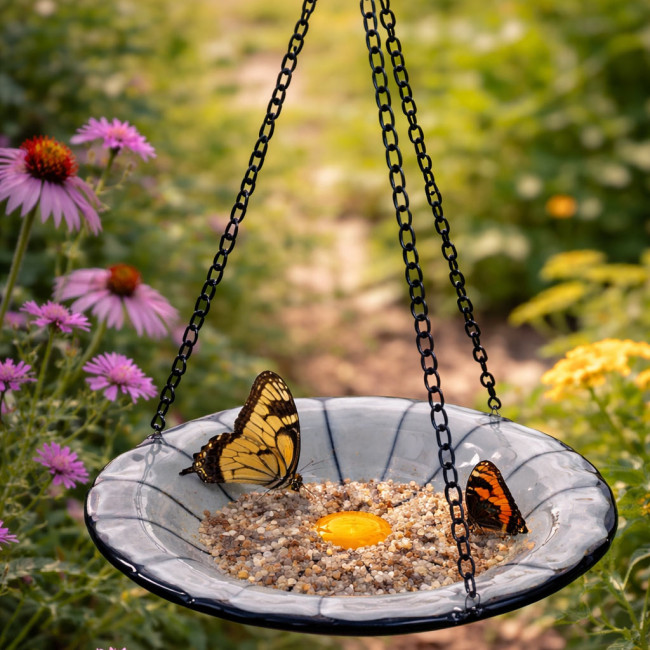 Smoke Gray Flower Glass Butterfly Feeder - Handcrafted Garden Art