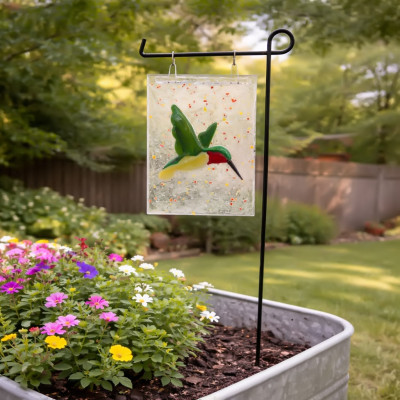 Handcrafted Hummingbird Fused Glass Garden Stake with Black Metal Stand