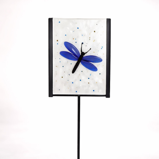 Handcrafted Blue Dragonfly Fused Glass Garden Stake – Metal Frame Yard Art