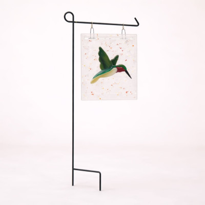 Handcrafted Hummingbird Fused Glass Garden Stake with Black Metal Stand